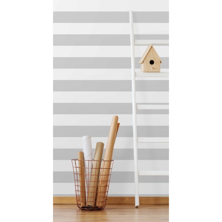 Papel pintado infantil de rayas horizontales grises y blancas - Raya Piccolo FL 680218