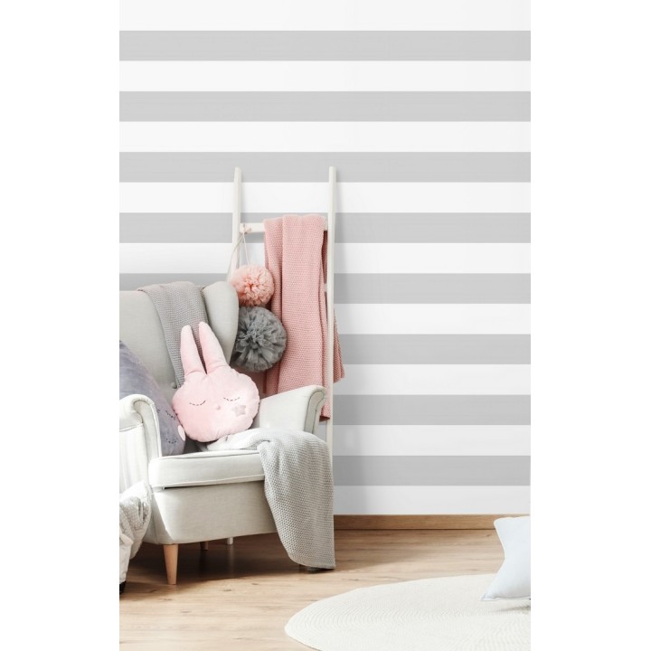 Papel pintado infantil de rayas horizontales grises y blancas - Raya Piccolo FL 680218