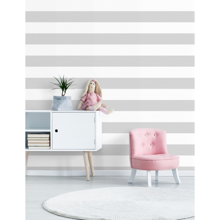 Papel pintado infantil de rayas horizontales grises y blancas - Raya Piccolo FL 680218
