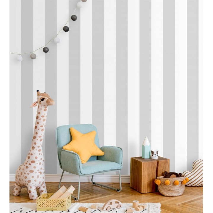 Papel pintado infantil de rayas anchas grises y blancas - Raya Silky 680219