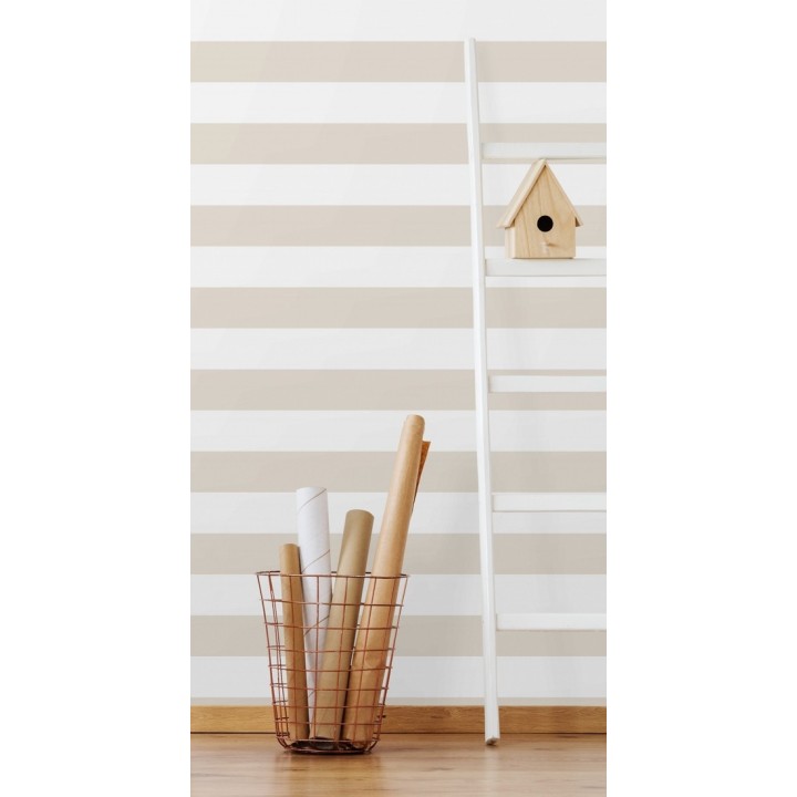 Papel pintado infantil de rayas horizontales beige y blancas - Raya Piccolo FL 680224