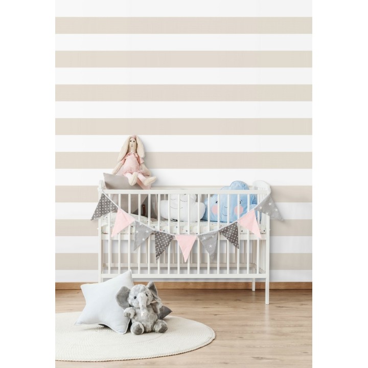 Papel pintado infantil de rayas horizontales beige y blancas - Raya Piccolo FL 680224
