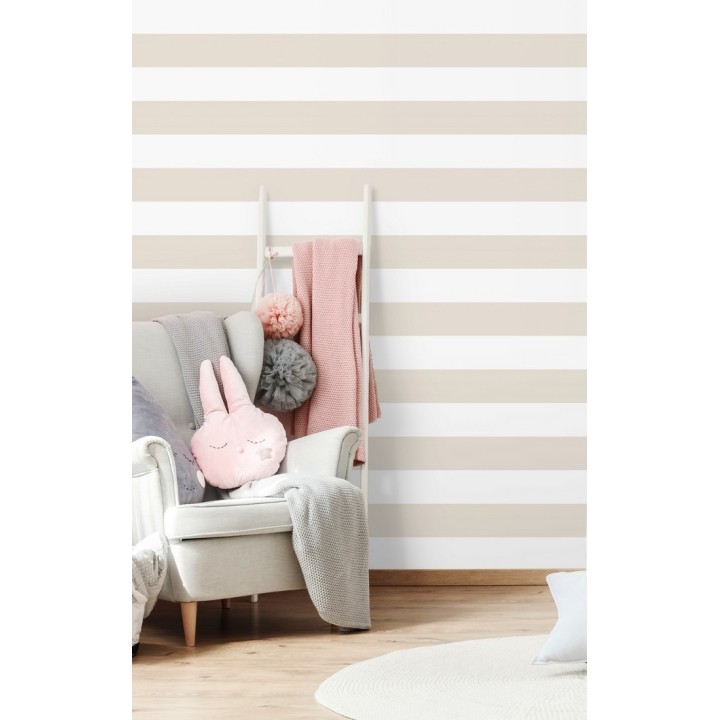 Papel pintado infantil de rayas horizontales beige y blancas - Raya Piccolo FL 680224