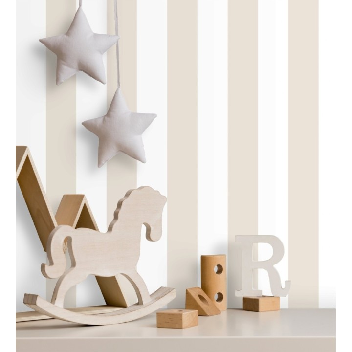 Papel pintado infantil de rayas anchas beige y blancas - Raya Silky 680225
