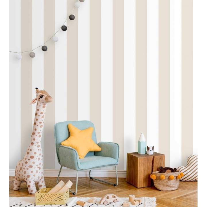 Papel pintado infantil de rayas anchas beige y blancas - Raya Silky 680225