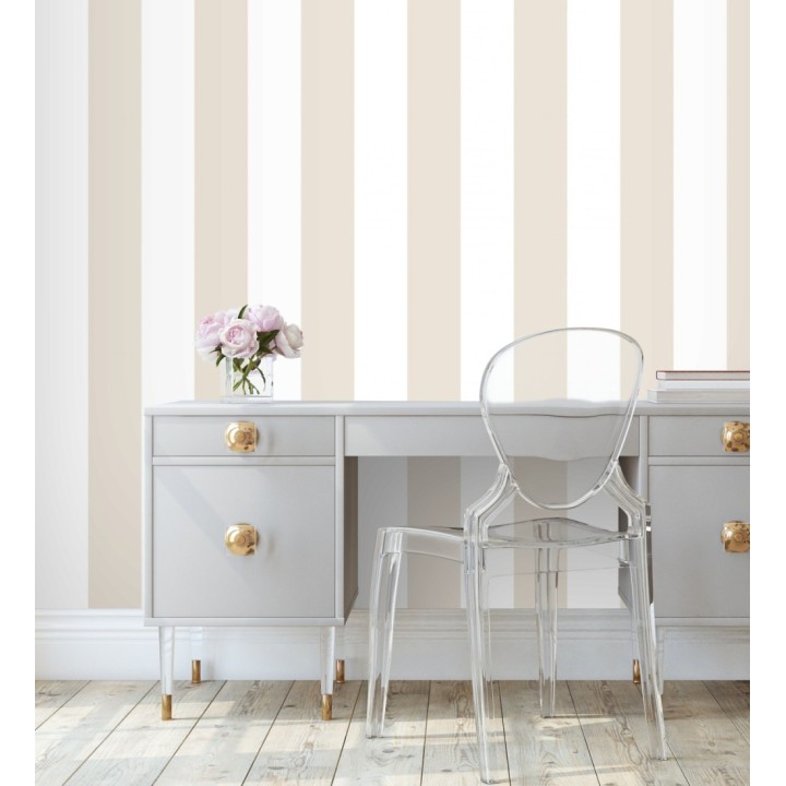 Papel pintado infantil de rayas anchas beige y blancas - Raya Silky 680225