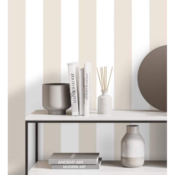 Papel pintado de rayas anchas beige y blancas - Raya Devon 680226