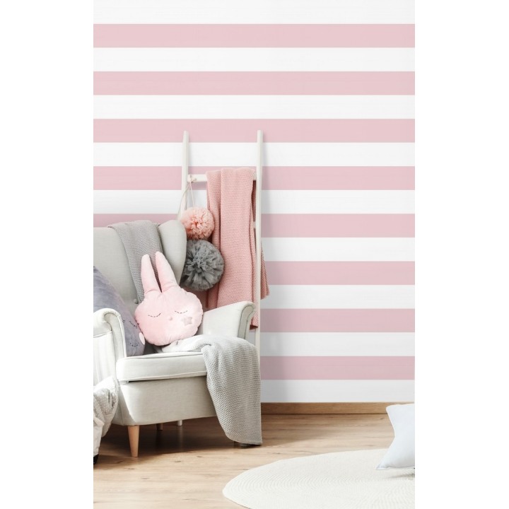 Papel pintado infantil de rayas horizontales rosas y blancas - Raya Piccolo FL 680228