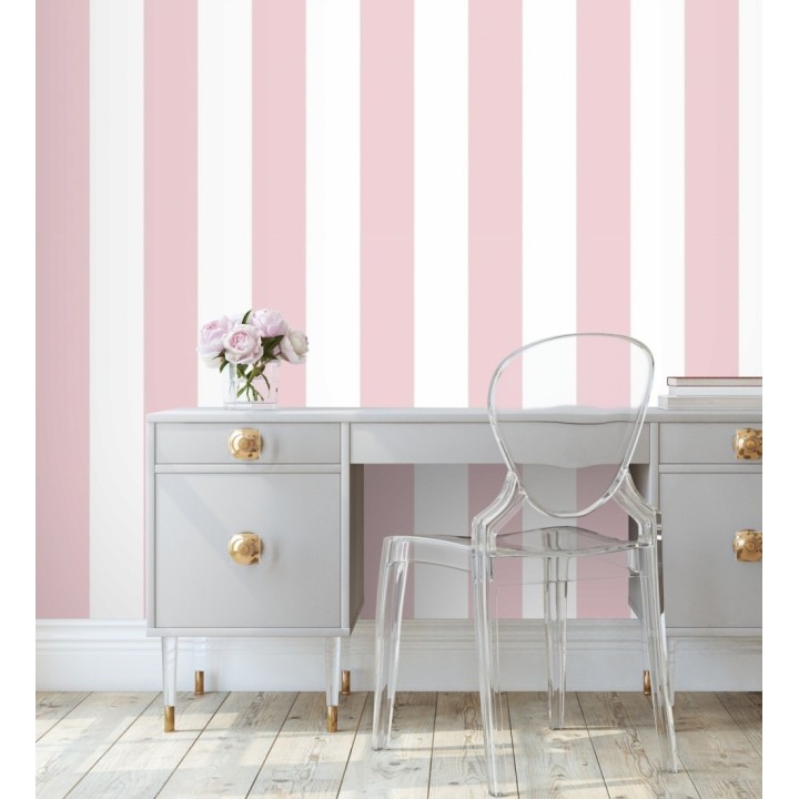 Papel pintado infantil de rayas anchas rosas y blancas - Raya Silky 680229