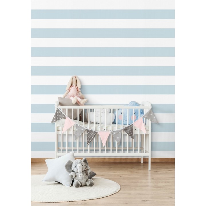 Papel pintado infantil de rayas horizontales celestes y blancas - Raya Piccolo FL 680231
