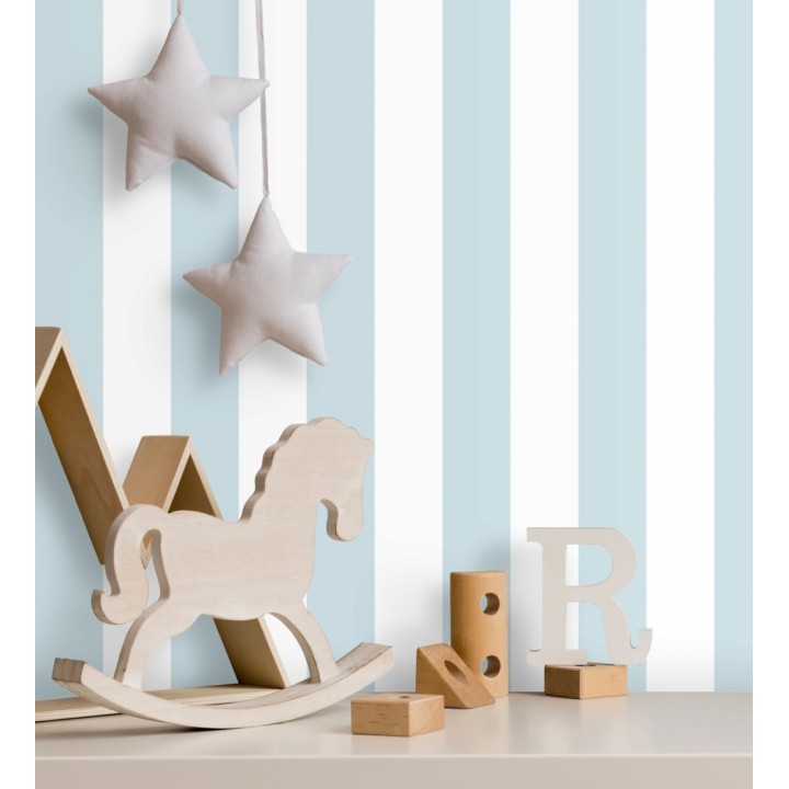 Papel pintado infantil de rayas anchas celestes y blancas - Raya Silky 680232