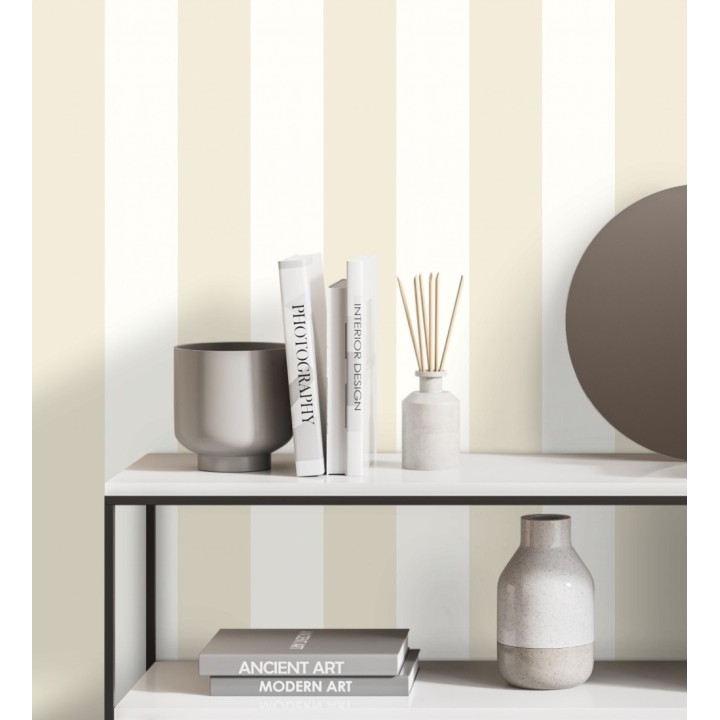 Papel pintado vinílico de rayas beige fondo blanco - Raya Lancaster Vinyl 680242