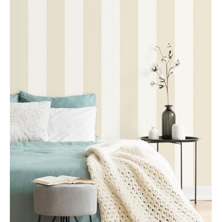 Papel pintado vinílico de rayas beige fondo blanco - Raya Lancaster Vinyl 680242