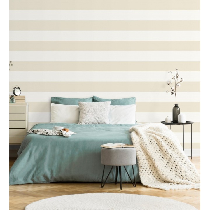 Papel pintado vinílico de rayas horizontales beige y blancas - Raya Lancaster Vinyl FL 680243