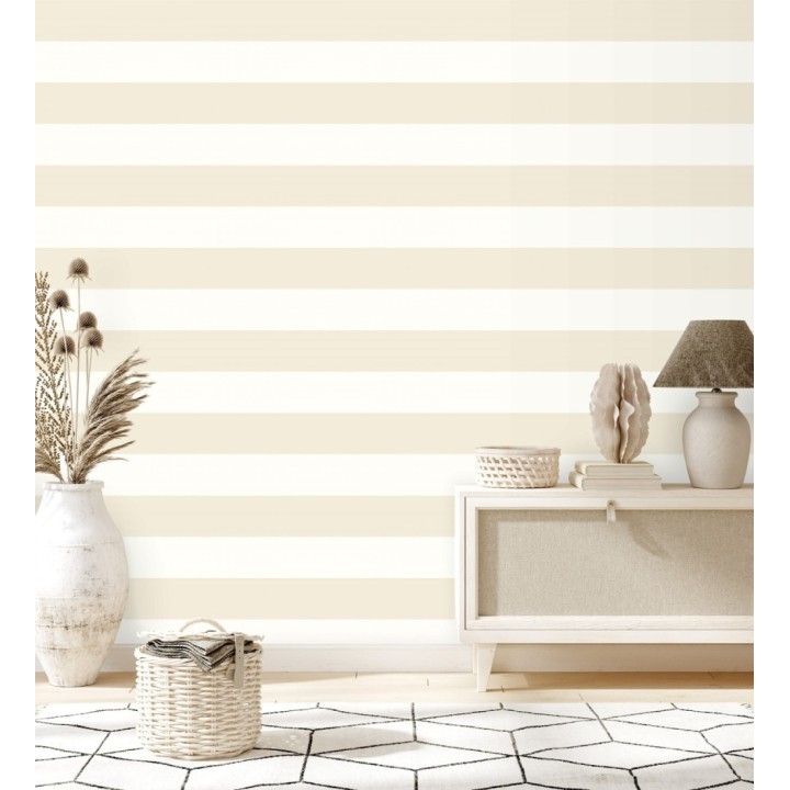 Papel pintado vinílico de rayas horizontales beige y blancas - Raya Lancaster Vinyl FL 680243