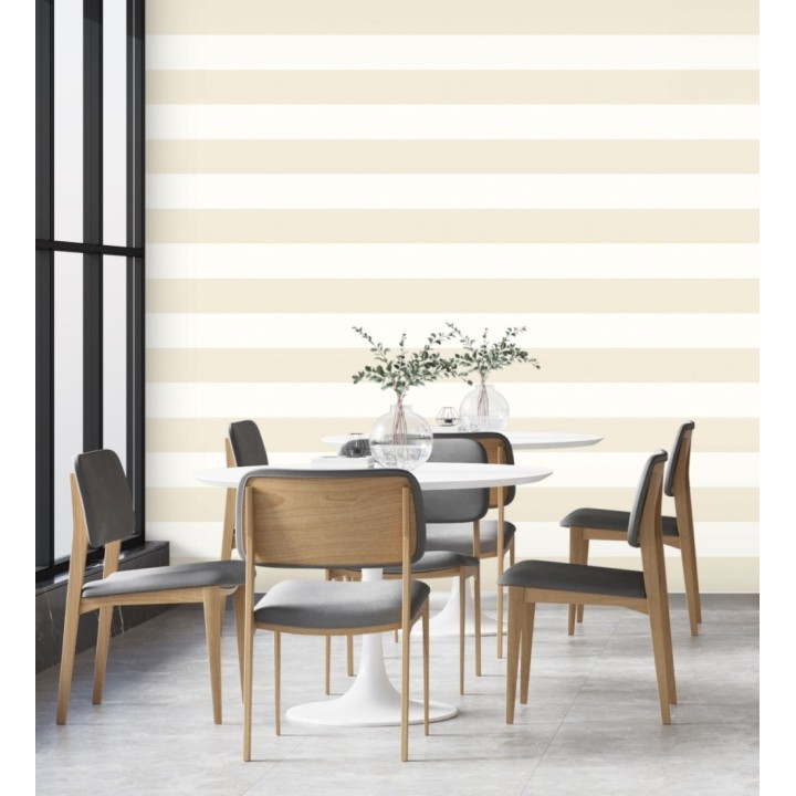 Papel pintado vinílico de rayas horizontales beige y blancas - Raya Lancaster Vinyl FL 680243