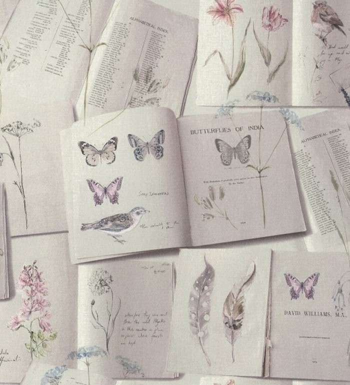 Papel pintado collage de libros con pájaros y mariposas - Selvaggia 119698