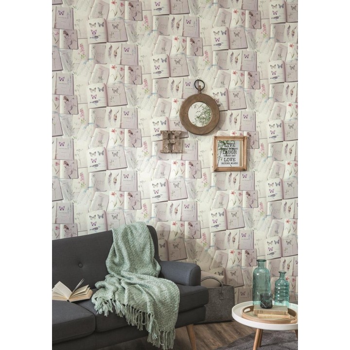 Papel pintado collage de libros con pájaros y mariposas - Selvaggia 119698