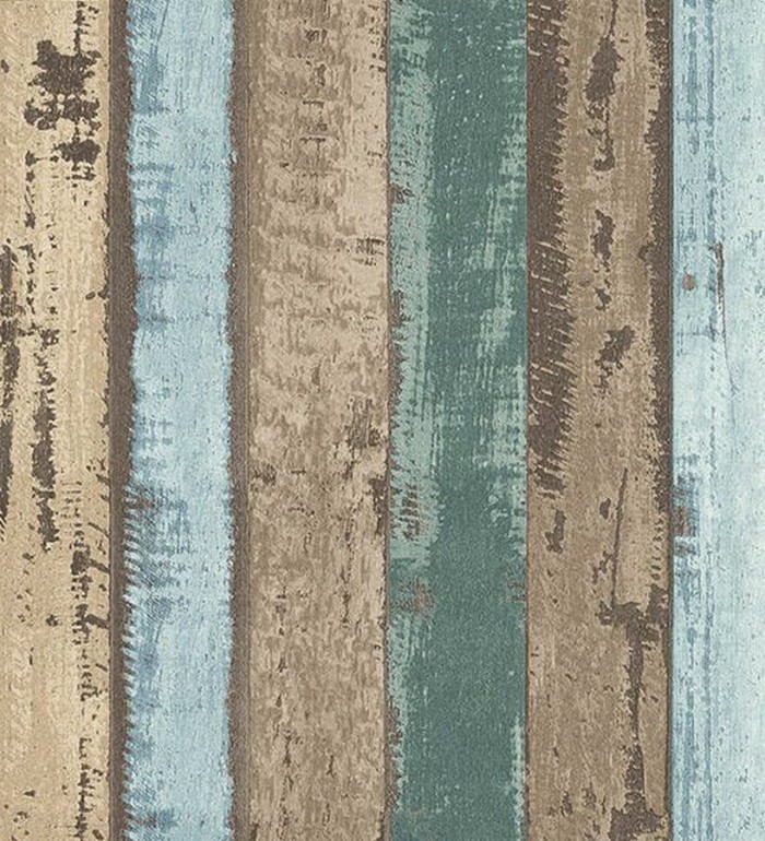 Papel pintado listones de madera marron y turquesa estilo nórdico - Bruixes 119706