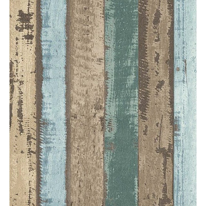Papel pintado listones de madera marron y turquesa estilo nórdico - Bruixes 119706