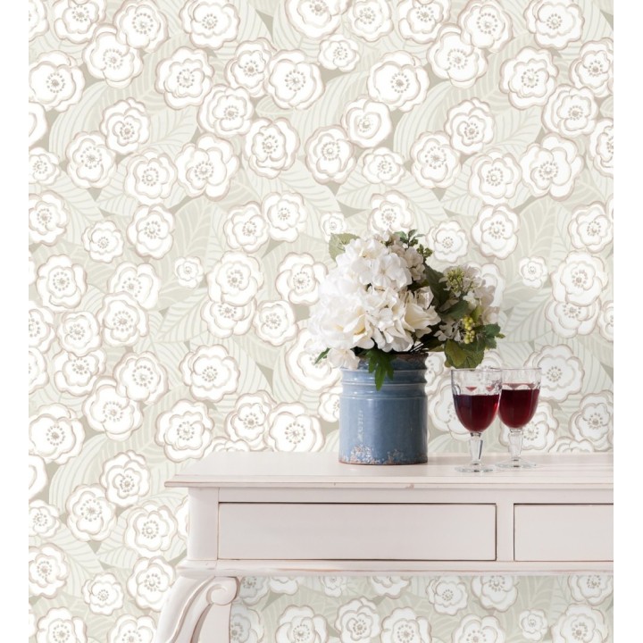 Papel pintado de flores color rosa pálido sobre fondo gris - Helen Flowers 680620