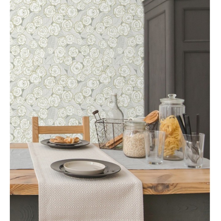 Papel pintado de flores gris verdoso sobre fondo gris - Helen Flowers 680622