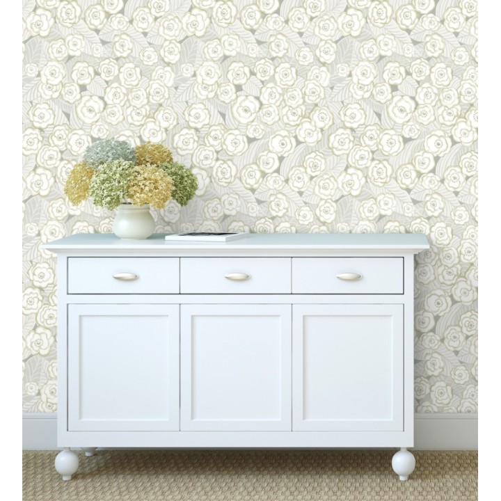 Papel pintado de flores gris verdoso sobre fondo gris - Helen Flowers 680622