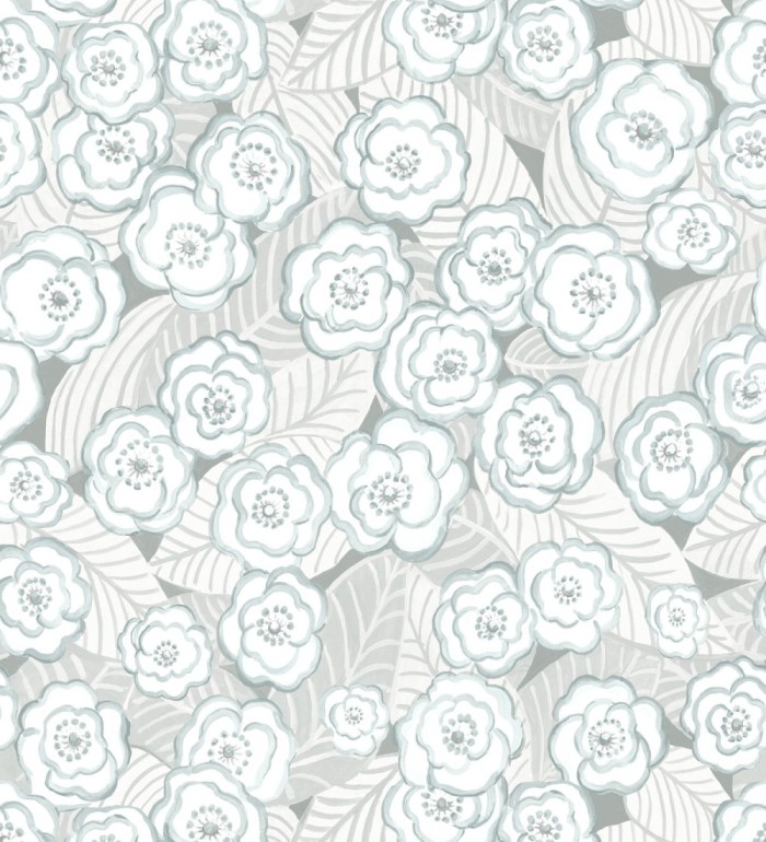 Papel pintado de flores color celeste sobre fondo gris - Helen Flowers 680623