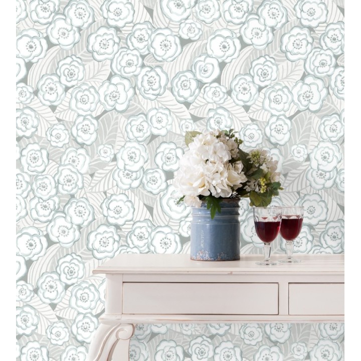 Papel pintado de flores color celeste sobre fondo gris - Helen Flowers 680623