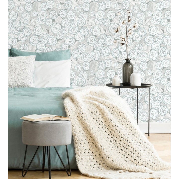 Papel pintado de flores color celeste sobre fondo gris - Helen Flowers 680623