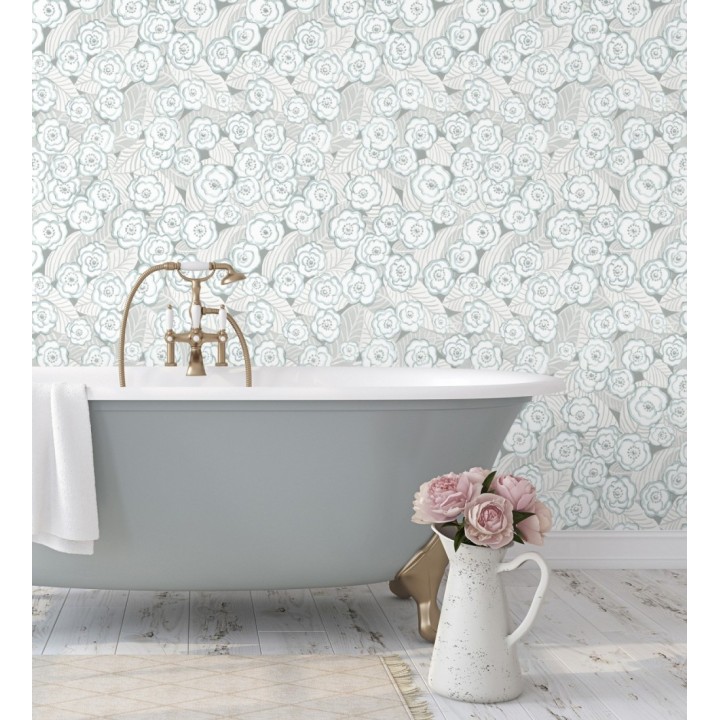 Papel pintado de flores color celeste sobre fondo gris - Helen Flowers 680623