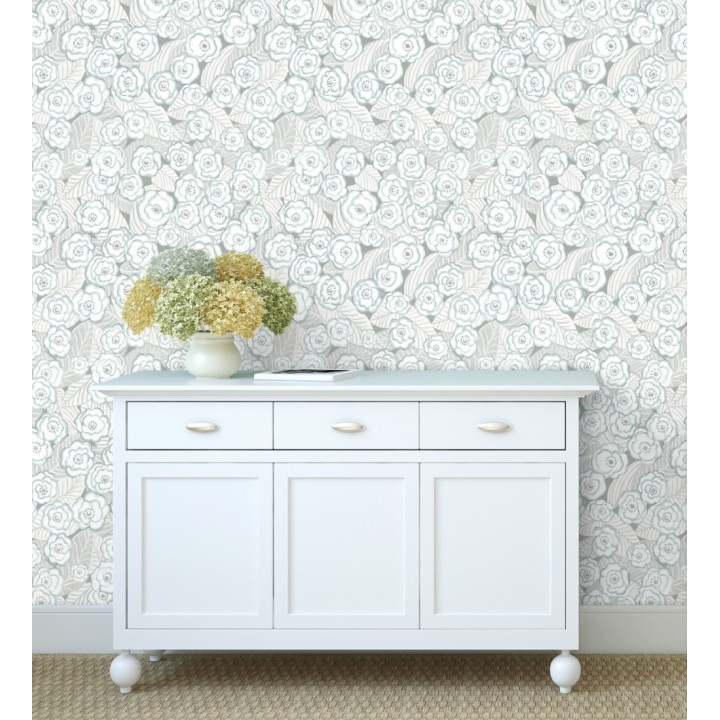 Papel pintado de flores color celeste sobre fondo gris - Helen Flowers 680623