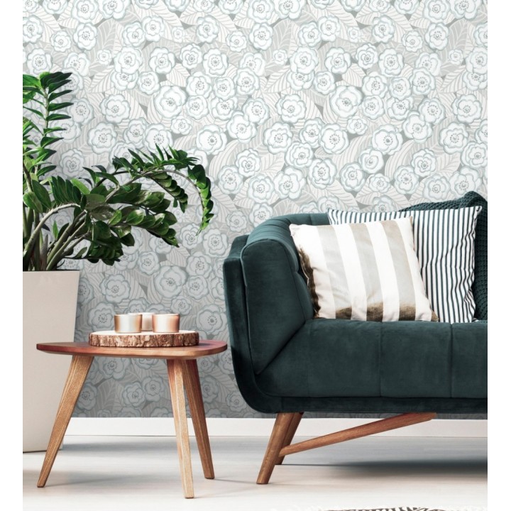 Papel pintado de flores color celeste sobre fondo gris - Helen Flowers 680623