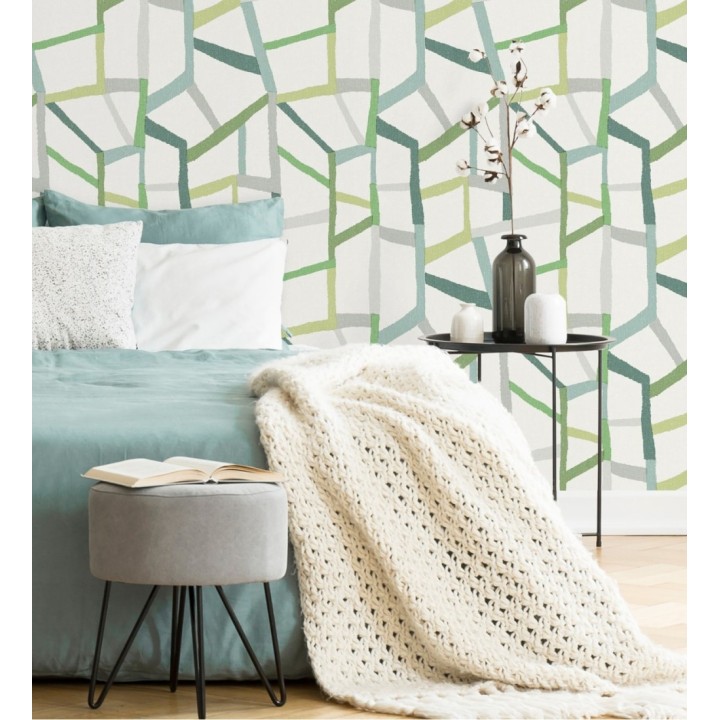Papel pintado geométrico trozos de telas texturizadas tonos verdes - Kelvin Gallery 680634