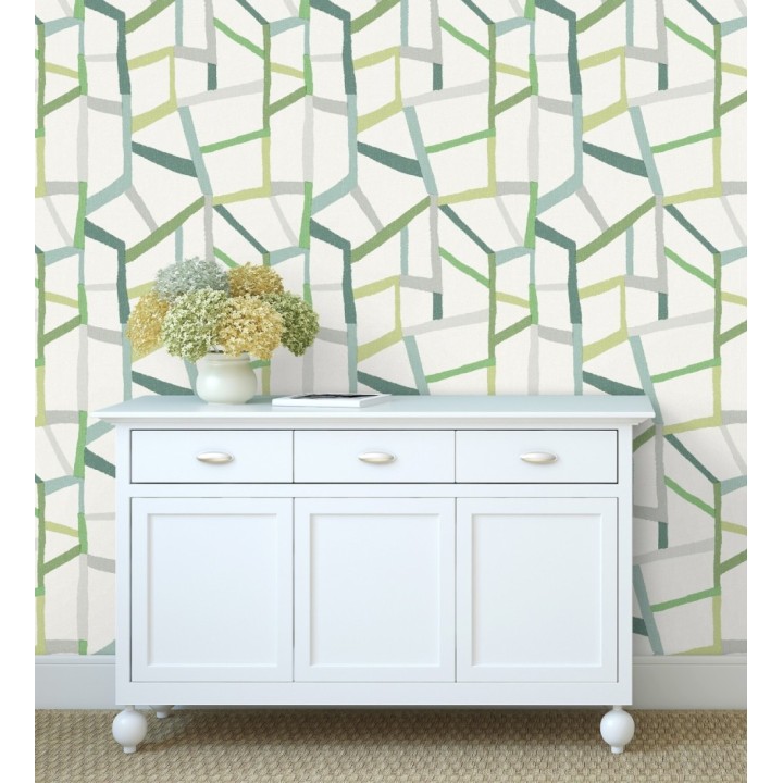 Papel pintado geométrico trozos de telas texturizadas tonos verdes - Kelvin Gallery 680634