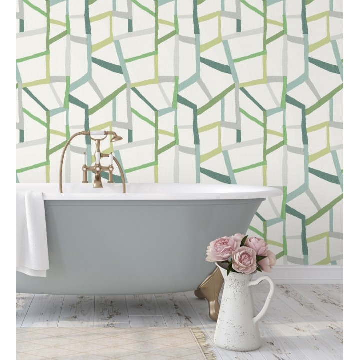Papel pintado geométrico trozos de telas texturizadas tonos verdes - Kelvin Gallery 680634