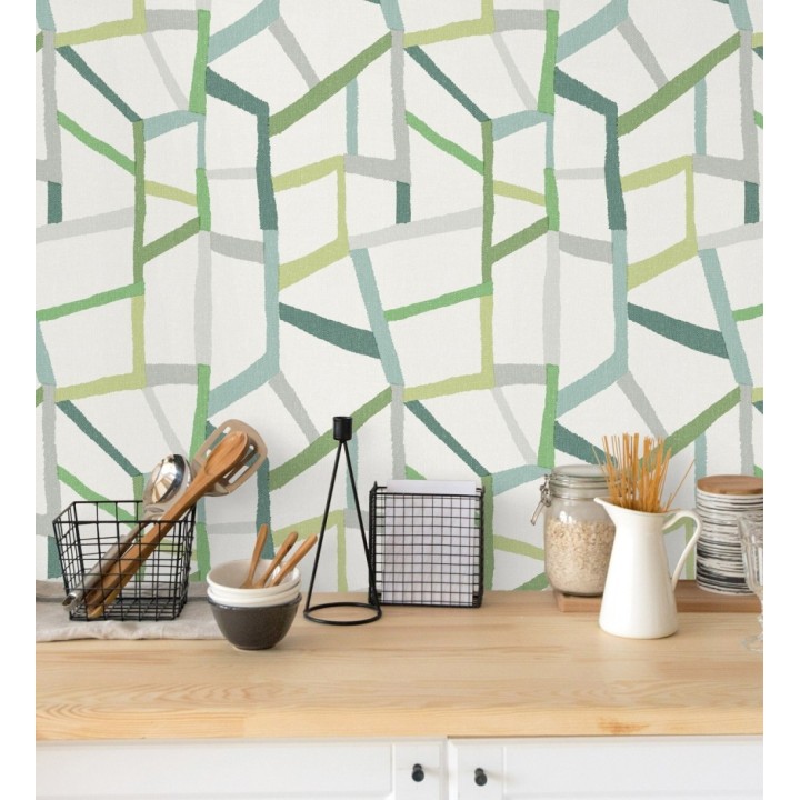 Papel pintado geométrico trozos de telas texturizadas tonos verdes - Kelvin Gallery 680634