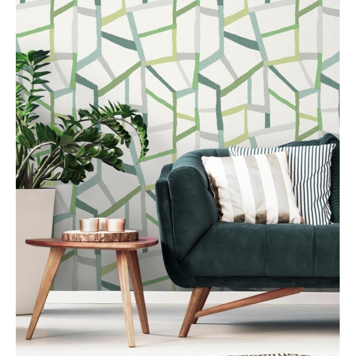 Papel pintado geométrico trozos de telas texturizadas tonos verdes - Kelvin Gallery 680634