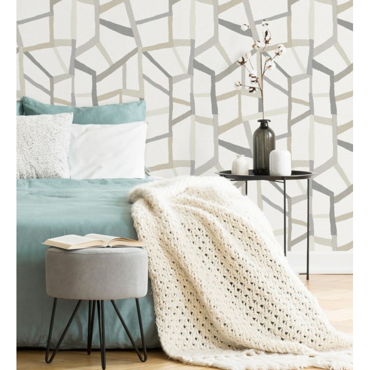 Papel pintado geométrico trozos de telas texturizadas tonos beige y gris - Kelvin Gallery 680635