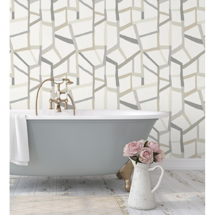 Papel pintado geométrico trozos de telas texturizadas tonos beige y gris - Kelvin Gallery 680635