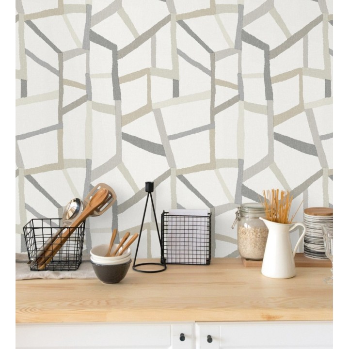 Papel pintado geométrico trozos de telas texturizadas tonos beige y gris - Kelvin Gallery 680635