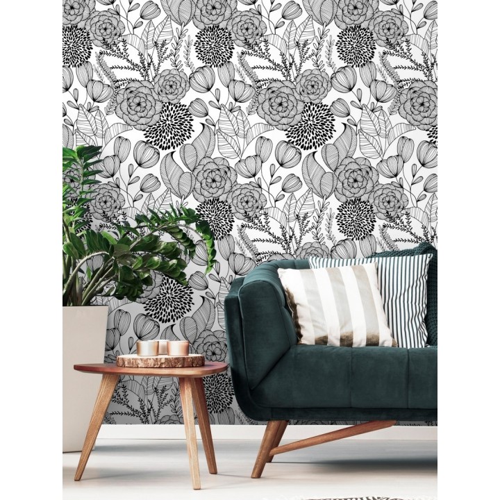 Papel pintado de flores dibujadas a trazos estilo art déco  - Morgan Flowers 680640