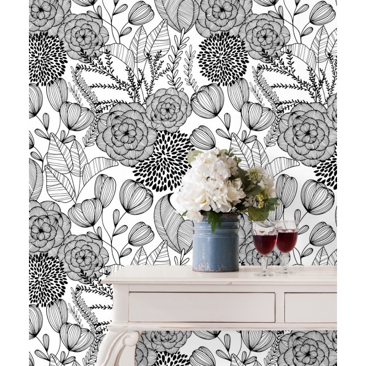 Papel pintado de flores dibujadas a trazos estilo art déco  - Morgan Flowers 680640