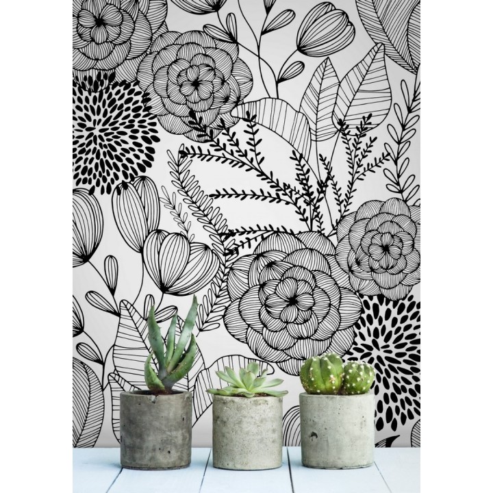 Papel pintado de flores dibujadas a trazos estilo art déco  - Morgan Flowers 680640