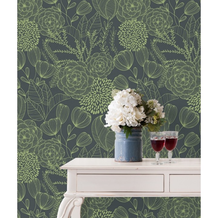 Papel pintado de flores dibujadas a trazos estilo art déco  - Morgan Flowers 680642