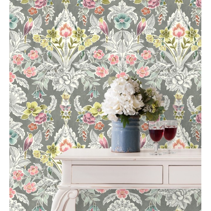 Papel pintado romántico de flores y pájaros estilo inglés - Kensington Floral 680645