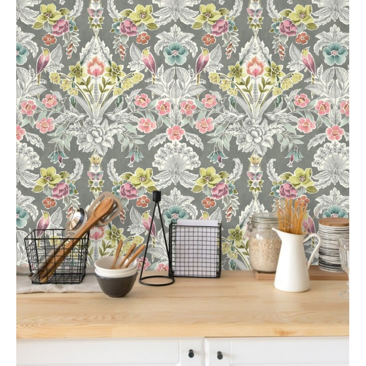 Papel pintado romántico de flores y pájaros estilo inglés - Kensington Floral 680645