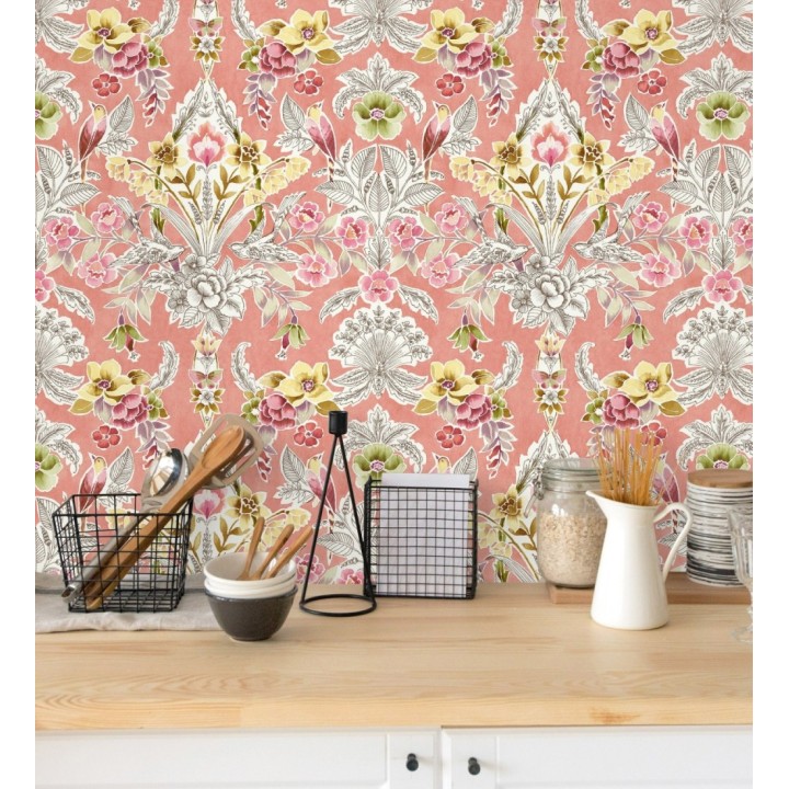 Papel pintado romántico de flores y pájaros estilo inglés - Kensington Floral 680646