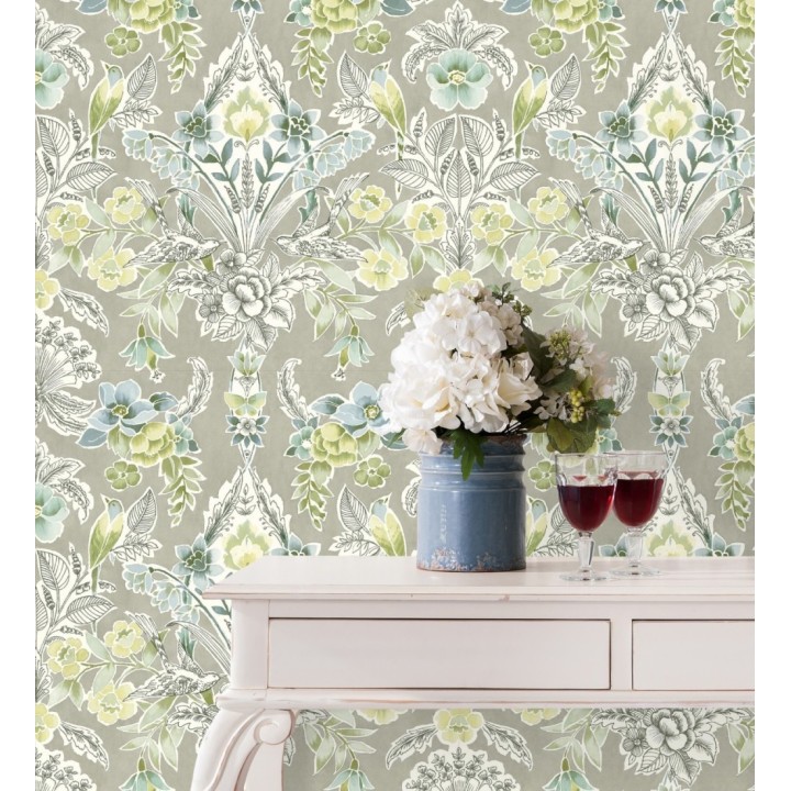 Papel pintado romántico de flores y pájaros estilo inglés - Kensington Floral 680647