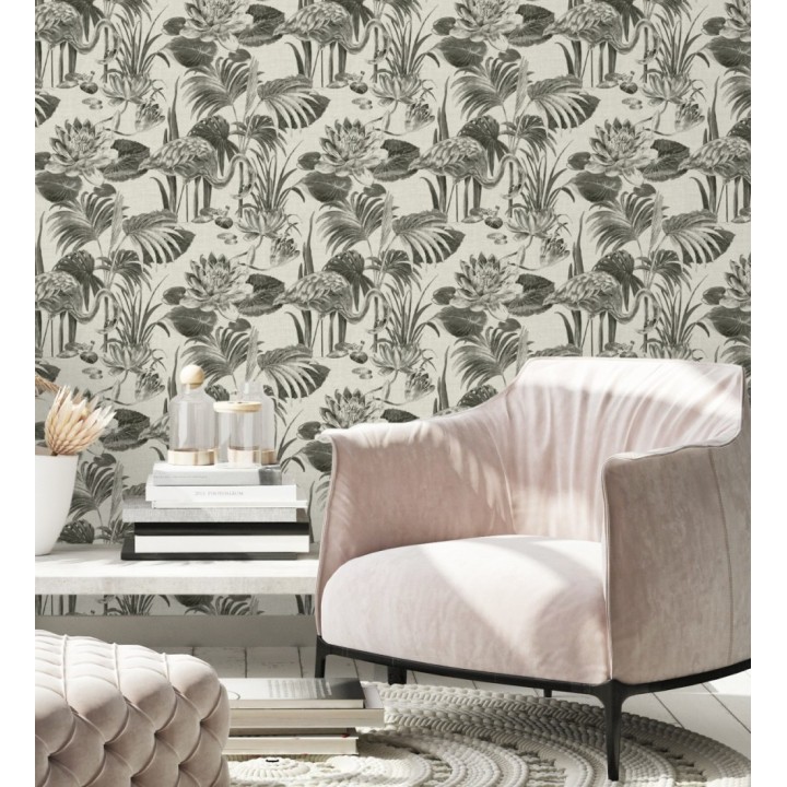 Papel pintado de flamencos y plantas de humedal - Flamingo Palace 680665